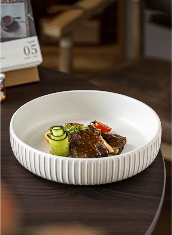 Set of 2 Ribbed Ceramic Deep Plates 8 Inch Matte White Shallow Bowls with Vertical Texture 1000ml Capacity Dishwasher & Microwave Safe Ideal for Pasta Salad and Modern Farmhouse Kitchen Tableware - Image 5